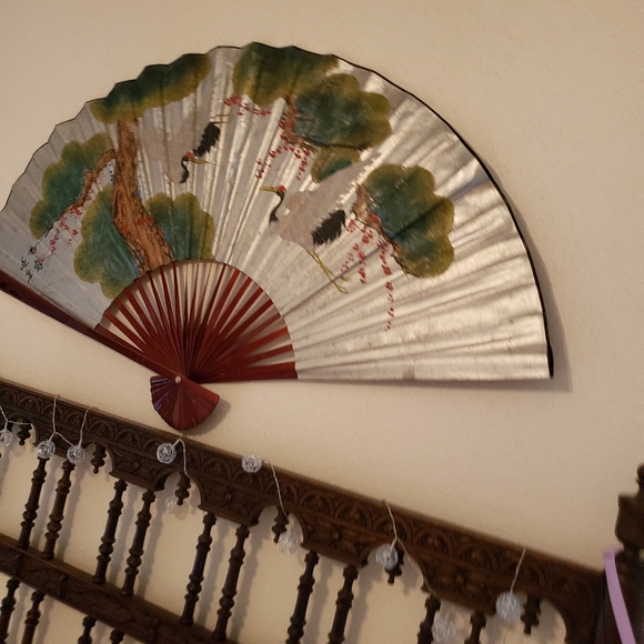 🦋 Large Antique Asian painted Wood hanging wall fan - Picture 4 of 4